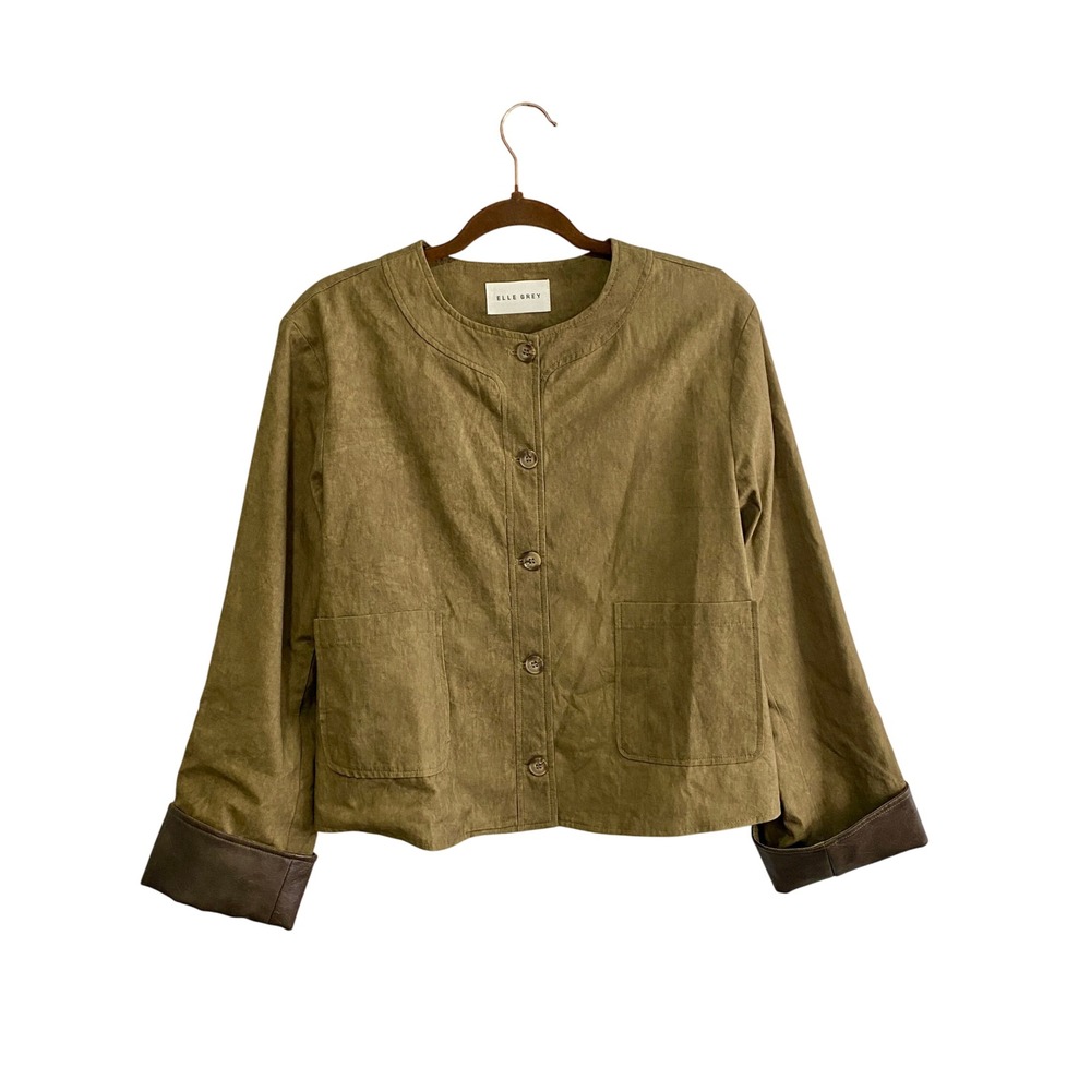 Elle Grey Button Front Crop Jacket Faux Leather Trim Olive Tan Size M/L